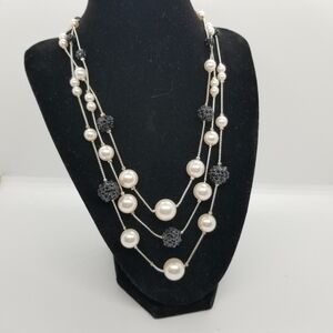 RMN Roman silver tone layered necklace with faux pearls and textured black beads
